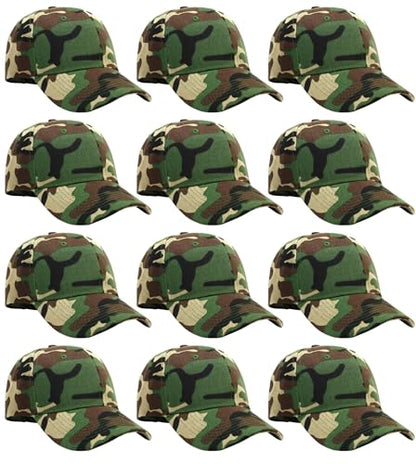Falari Wholesale Bulk Lot 12-Pack Baseball Cap Adjustable Size Plain Blank Solid Color - color: Camouflage - Woodland