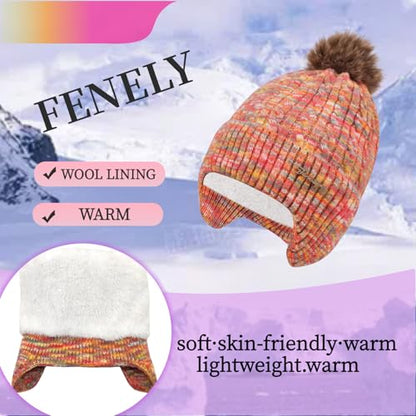 FENELY Women's Knitted Warm Beanie Winter Hat, Warm Chunky Snow Hat with Pompom - color: Colourfulspacedye