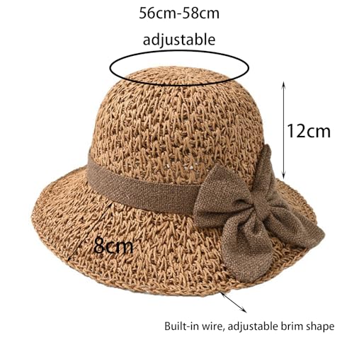 Beach Straw Sun Hat for Women French Foldable Summer Beach Wide Brim Hat Travel Straw Fedora Hat - color: Khaki