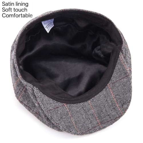 LADYBRO 8 Panel Newsboy Hats for Men Cap Irish Wool Blend Tweed, Adjustable - color: 003 Plaid Grey, size: 7 3/8-7 5/8