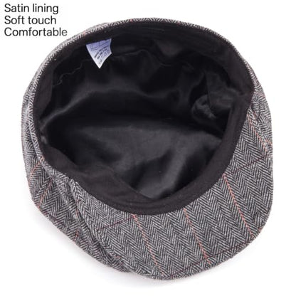LADYBRO 8 Panel Newsboy Hats for Men Cap Irish Wool Blend Tweed, Adjustable - color: 003 Plaid Grey, size: 6 7/8-7 1/4