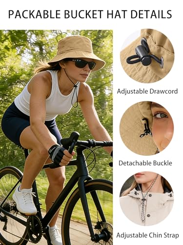 Splash-Proof Packable Bucket Hat for Men Women Lightweight Foldable Fishing Hiking Sun Hat with Adjustable Chin Strap - color: Khaki