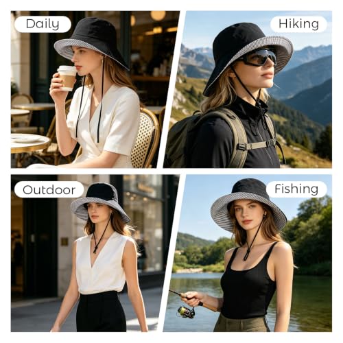 Womens Wide Brim Sun Hat UPF 50+ Foldable Bucket for Beach Travel - color: Black