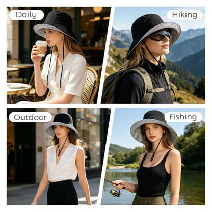 Womens Wide Brim Sun Hat UPF 50+ Foldable Bucket for Beach Travel - color: Black