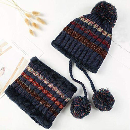 HUAMULAN Women Winter Knit Beanie Hat Circle Scarf Set Pompoms Ear Flaps - color: Navy