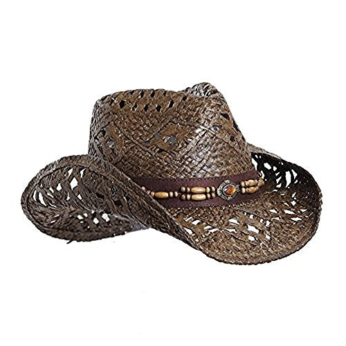 Straw Cowboy Hat W/Vegan Leather Band & Beads, Shapeable Brim - color: Brown, size: Medium-Large