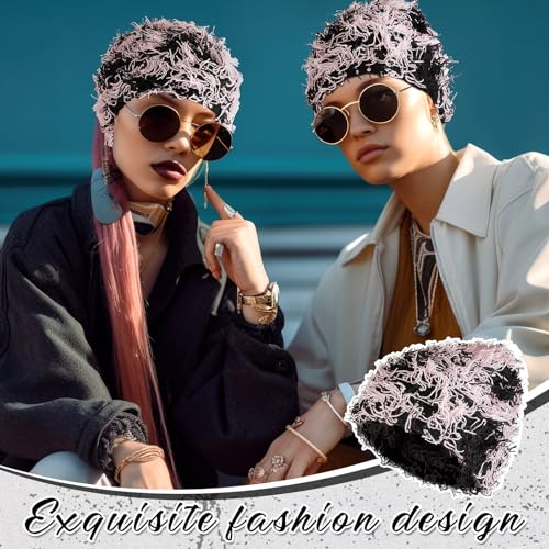 Chuarry Distressed Knitted Beanie Fuzzy Winter Hat - color: Black and Pink