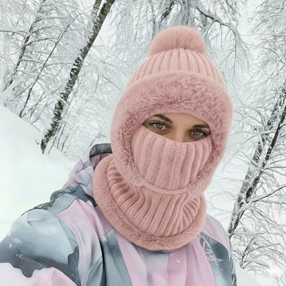 AQOKKA 3 in 1 Knit Fleece Lined Beanie Hat with Scarf and Mask Warm - color: Pink