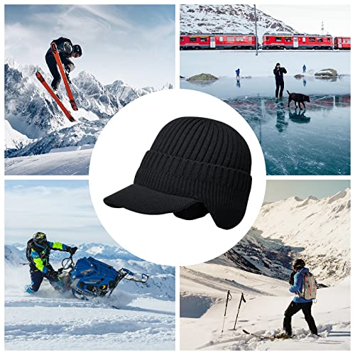 Men's Winter Hat with Brim, Warm Earflaps Hat for Men, Thick Fleece Lined Knit Winter Beanie Outdoor - color: Black