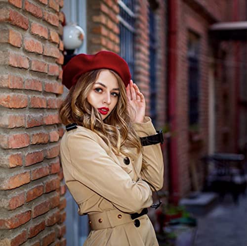 Women French Wool Beret Hats - Solid Color Classic Beanie Winter Cap - color: Wine Red