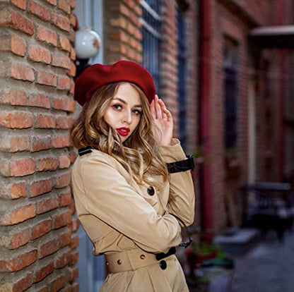 Women French Wool Beret Hats - Solid Color Classic Beanie Winter Cap - color: Wine Red