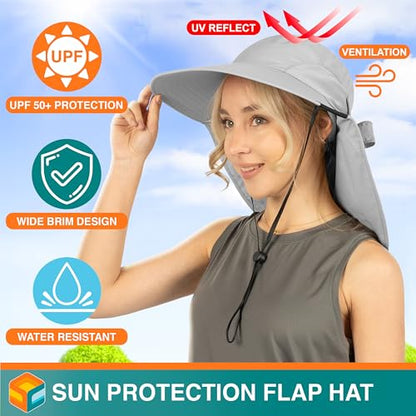 SUN CUBE Wide Brim Sun Hat with Neck Flap for Men Women, UPF50+ Fishing - color: Light Grey With Bow