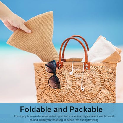 DRESHOW Big Straw Sun Hats for Women Floppy Foldable Roll up Beach Cap Sun Hat UPF 50+ Vacation Honeymoon Embroidered Hat - color: 1 Pack Medium Size: Khaki (Head Circumference 22-22.8")