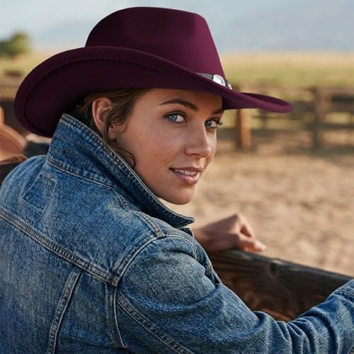 DRESHOW Women Men Classic Felt Wide Brim Western Cowboy & Cowgirl Cap Belt Buckle Retro Panama Hat Unisex Rolled up Caps - color: 1 Pack Style 1: Burgundy (Hat Circumference: 22-22.8")