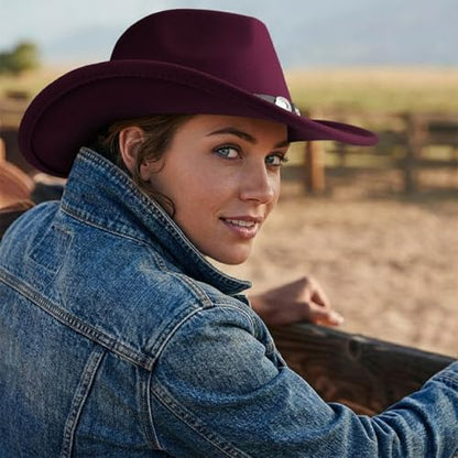 DRESHOW Women Men Classic Felt Wide Brim Western Cowboy & Cowgirl Cap Belt Buckle Retro Panama Hat Unisex Rolled up Caps - color: 1 Pack Style 1: Burgundy (Hat Circumference: 22-22.8")