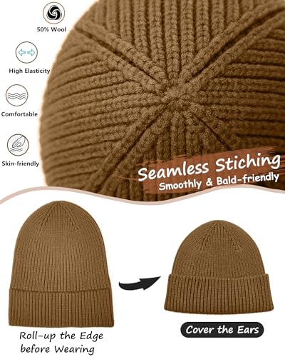 Wool Beanie for Men Women, Seamless Knit Cuffed Warm Winter Hats - color: 1pcs-light Coffee