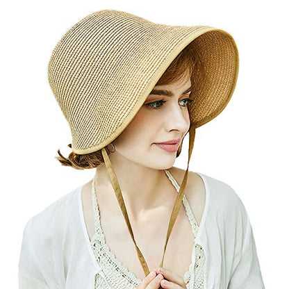 French Straw Bonnet Cap for Women Victorian Sun Hat Chin Strap Foldable