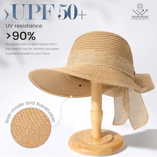 Pleneal Beach Sun Staw Hats for Women, UPF 50+ Foldable Wide Brim Sun Hat - color: Khaki - D
