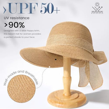 Pleneal Beach Sun Staw Hats for Women, UPF 50+ Foldable Wide Brim Sun Hat - color: Khaki - D