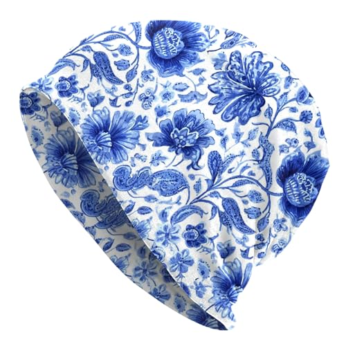 Slouchy Beanie Hat Skull Cap Chemo Headwear Baggy Hats for Men Women Running Cycling - color: Blue Floral