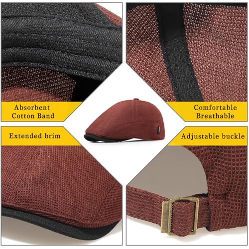 Xinveen British Retro Newsboy Hat Breathable Painter Hat Adjustment Beret Ivy Cap Irish Cabbie Driving Hunting Hats - color: Wine Red