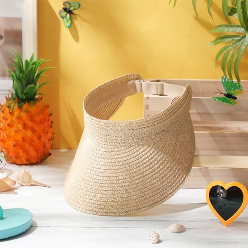 Chicingyou Sun Visor Hat for Women Wide Brim Straw Visors Beach Hat Ponytail UV UPF Packable Foldable Travel - color: Khaki