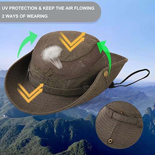 Sun Hat Men Cotton Embroidery Wide Brim Bucket Safari Boonie - color: Coffee Browm, size: 7 1/4-7 5/8