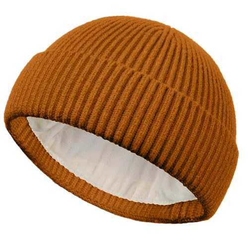 Short Fisherman Beanie for Men Women Wool Fleece Lined Winter Hat - color: 1pcs-camel