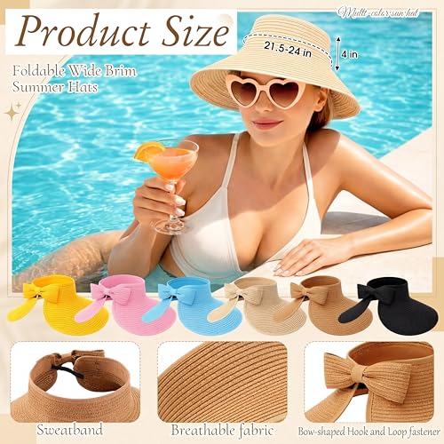 12 pcs Sun Hats and Heart Sunglasses Sets Wide Brim Beach Hat Summer UV Packable Foldable Visors for Women, Girls - color: Multicolor