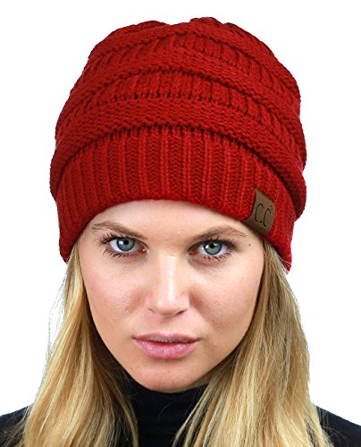 C.C Unisex Chunky Soft Stretch Cable Knit Warm Fuzzy Lined Skully Beanie - color: Red