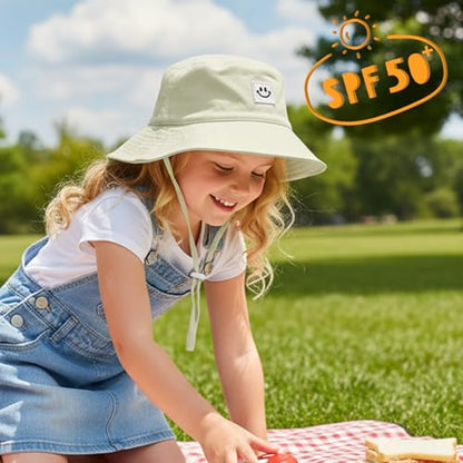 Kids Sun Hat Smile Face Bucket Hat Toddler Hat Wide Brim Adjustable Strap - color: Beige, size: 3-8T