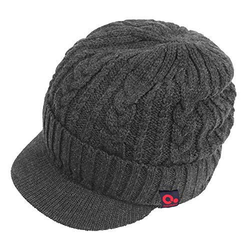 Original One Men Wool Blend Cable Knitted Visor Beanie Winter Knit Hat with Brim Fur Lined Ski Cap - color: Grey