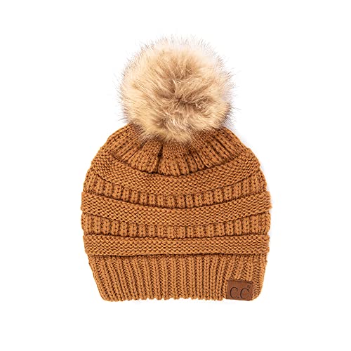 C.C Hatsandscarf Exclusives Unisex Solid Ribbed Beanie with Pom (HAT-43) - color: Golden Walnut