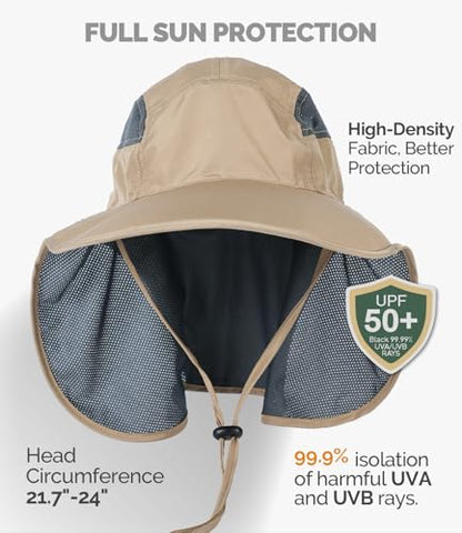 Hat Hut Ultra-Light Sun Hat with Neckflap, UPF 50+, Wide Brim, Breathable Outdoor Hiking Fishing Hats for Men - color: Khaki