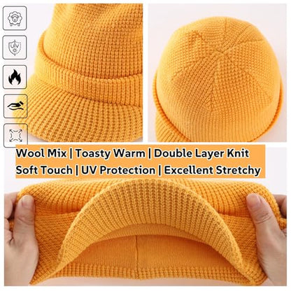 Home Prefer Mens Wool Blend Winter Hat Double-Layer Warm Knit Pre-Curve Visor Beanie Brimmed Beanies Hat for Men Women - color: Yellow