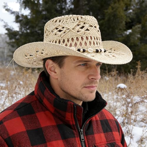 J.CARP Straw Cowboy Hat Cowgirl Hat Cowboy Hats Wide Brim Western Cowboy with Decorative Band - color: Style2