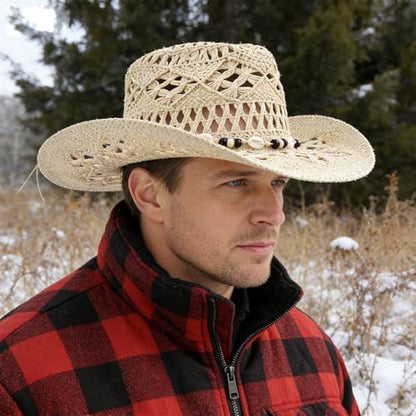 J.CARP Straw Cowboy Hat Cowgirl Hat Cowboy Hats Wide Brim Western Cowboy with Decorative Band - color: Style2