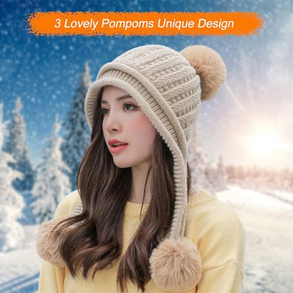 HUAMULAN Women Winter Knit Beanie Hat Circle Scarf Set Pompoms Ear Flaps - color: Khaki Solid