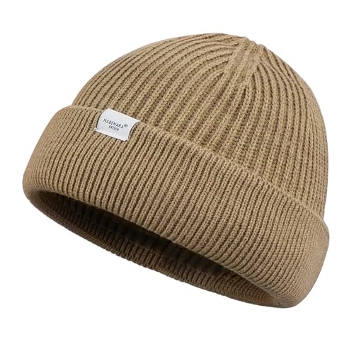 Clakllie Trawler Beanie Watch Hat Knit Cuffed Skullcap Roll-up Edge Stocking Hats Rolled Cuff Knitted Hat Ski Cap - color: Cdus-hkn01-khaki