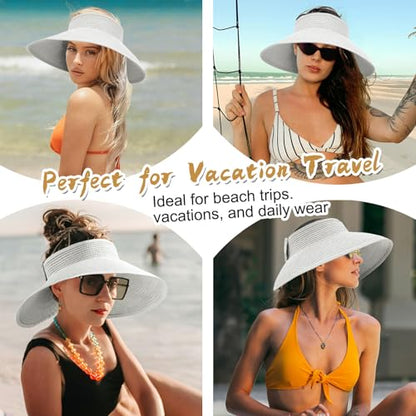Women's Sun Visor Hats Wide Brim Straw Beach Hat Ponytail Hats for Women Foldable Floppy - color: 1pack-kd-white.
