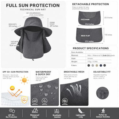 Sun Hat Bucket Hats for Men Women,Outdoor Wide Brim Fishing Hat with Detachable Face Cover & Neck Flap UV Protection - color: Khaki-1