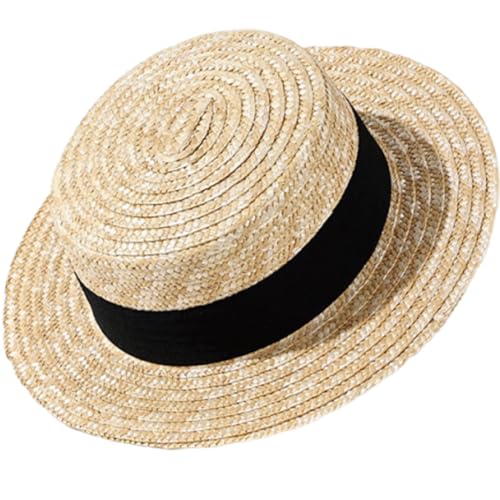 Girls Straw Boater Hat Kids Beach Hats Toddler Natural Wheat Straw Skimmer Hat Boys Handmade Flat Crown Sun Hats - color: Black