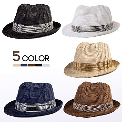 Fancet Packable Straw Fedora Panama Sun Summer Beach Hat Cuban Trilby Men Women 56-67cm - color: Black, size: X-Large