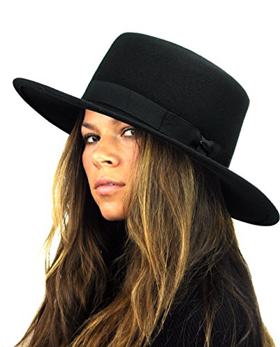 NYFASHION101 Wool Wide Brim Porkpie Fedora Hat w/Simple Band Accent - color: Black, size: One Size-Medium