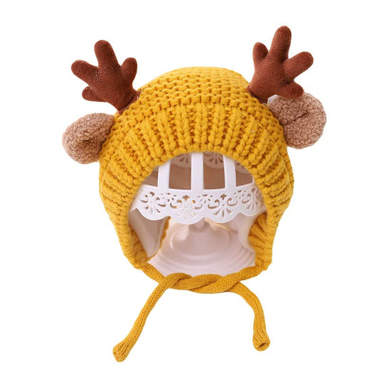 AIBEARTY Cute Deer Elk Antlers Baby Hat Winter Warm Plush Knitted Ear Warmer Bonnet Boys Girls Cap Beanie with Chin Strap - color: Yellow