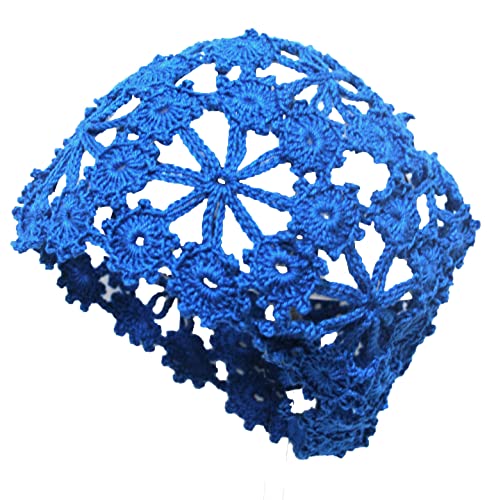 Women Lace Crochet Beanie Hat Handmade Knitted Cutout Floral Skull Cap - color: Blue