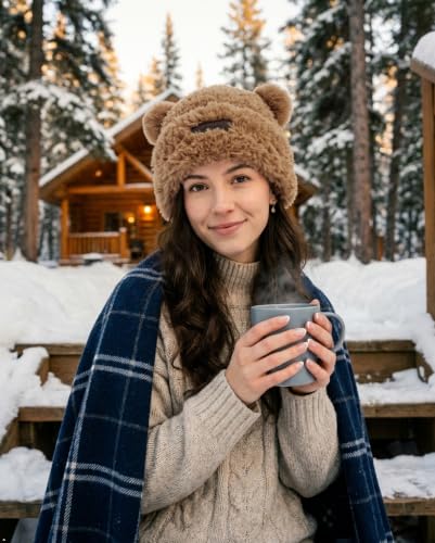 Cute Fuzzy Bear Ears Beanie Hat with Pompom Women's Furry Beanie - color: Khaki