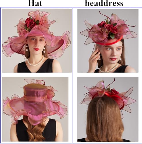 Women Derby Church Hat Organza Flower Wedding Tea Party Fascinator Wide Brim Sun Hat - color: 13-sunset Red