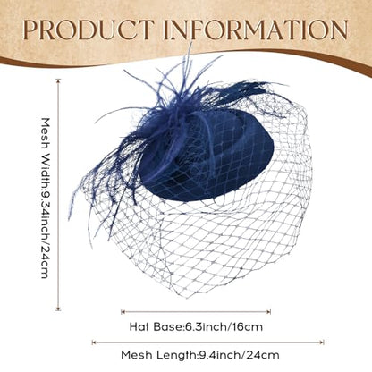Fascinator Hat Veil Feather Fascinator Tea Party Bridal Wedding Veil Retro Hat Pillbox Hat - color: Navy Blue