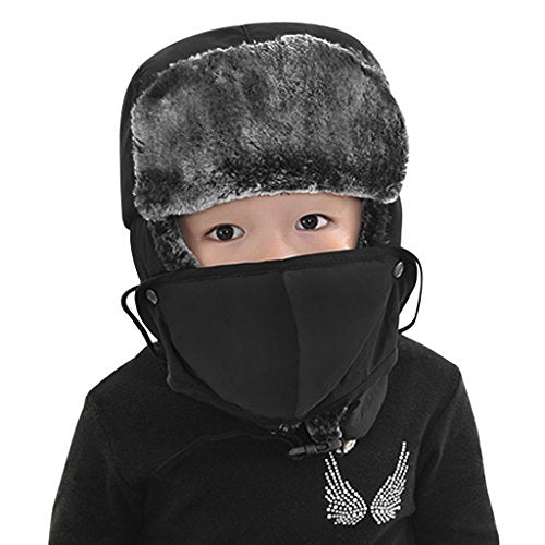 Kids Waterproof Winter Hat Windproof Ski Mask Trapper Hat Baby Teen Cute Ear Flap Fur Warm Beanie Cap Cold Weather Snow Hats - color: Black